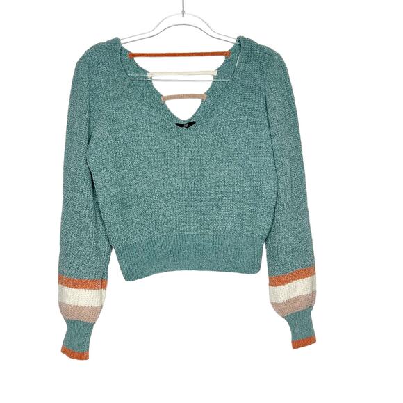 MY MICHELLE Puff Sleeve Knit Pullover Cropped Sweater Strappy Back Green Size M - Picture 7 of 7